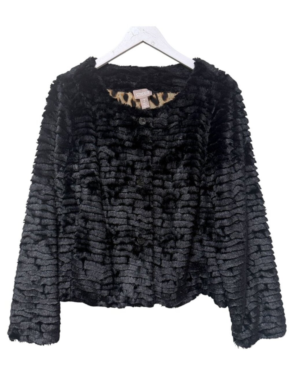 CHICOS Womens Faux Fur Jacket Large Black Evening Cropped Leopard Lined